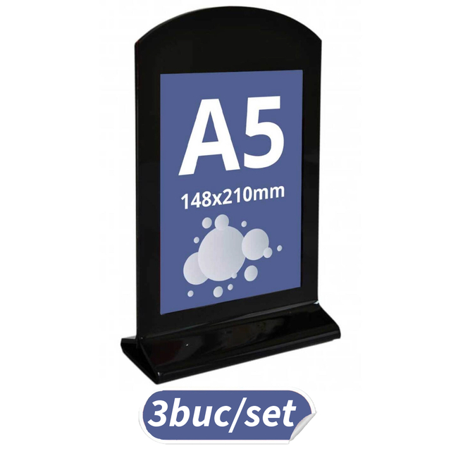 Suport meniu din plexiglas negru, pentru afișare, format A5 (148x210mm), portrait, 3buc/set, JJ DISPLAYS