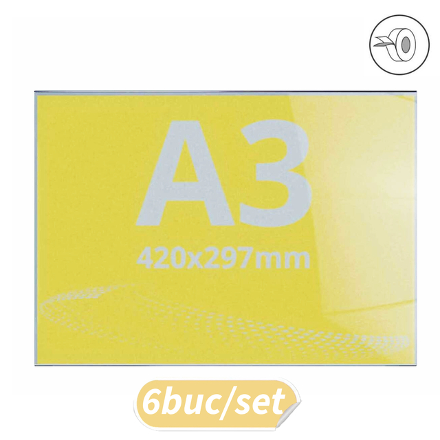 Insert transparent tip C, cu bandă dublu adezivă transparentă, A3(297x420mm), Landscape, 6buc/set, JJ DISPLAYS