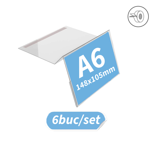 Suport etichete preț din plexiglas, cu banda dubluadezivă, 35grade, format A6 (105x148mm), 6buc/set. JJ DISPLAYS