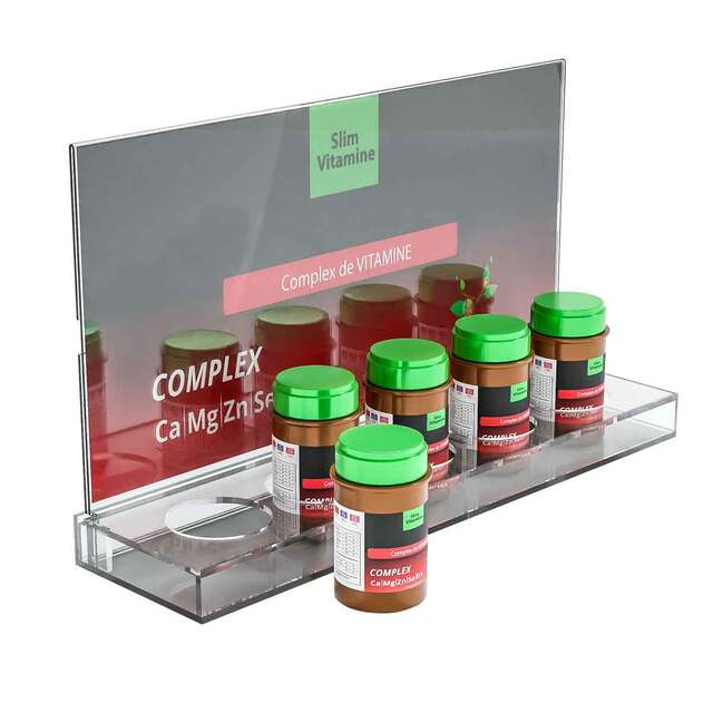 Suport expunere 5 cutii circulare de suplimente alimentare sau produse farmaceutice, JJ DISPLAYS