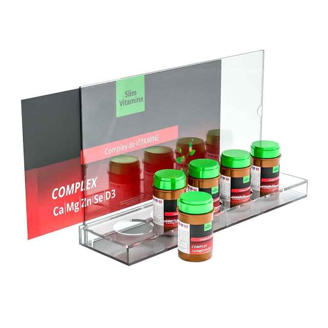 Suport expunere 5 cutii circulare de suplimente alimentare sau produse farmaceutice, JJ DISPLAYS