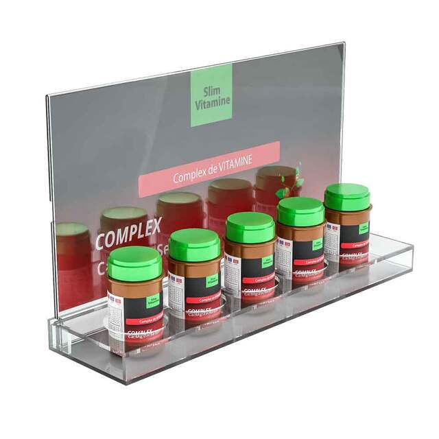 Suport expunere 5 cutii circulare de suplimente alimentare sau produse farmaceutice, JJ DISPLAYS