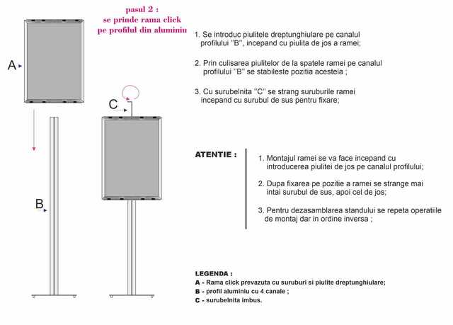 Panou Informativ, A2 (420x594mm), ramă click și picior aluminiu, simplă față, JJ DISPLAYS