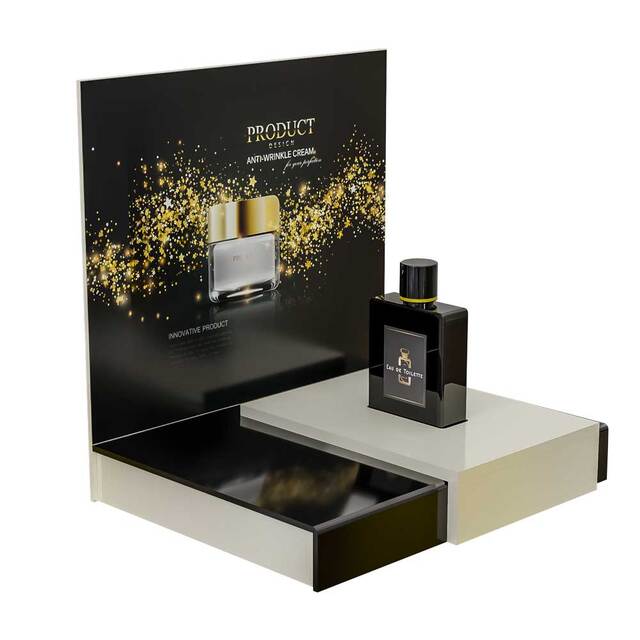 Suport suport produse cosmetice, parfumuri, alb cu negru 350 x 270 x 350 mm cu header si personalizare, JJ DISPLAYS