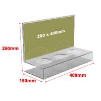 Suport expunere sticle/doze cu header tip insert, din plexiglas incolor, cu trei decupaje, 400 x 150 x 250mm, JJ DISPLAYS