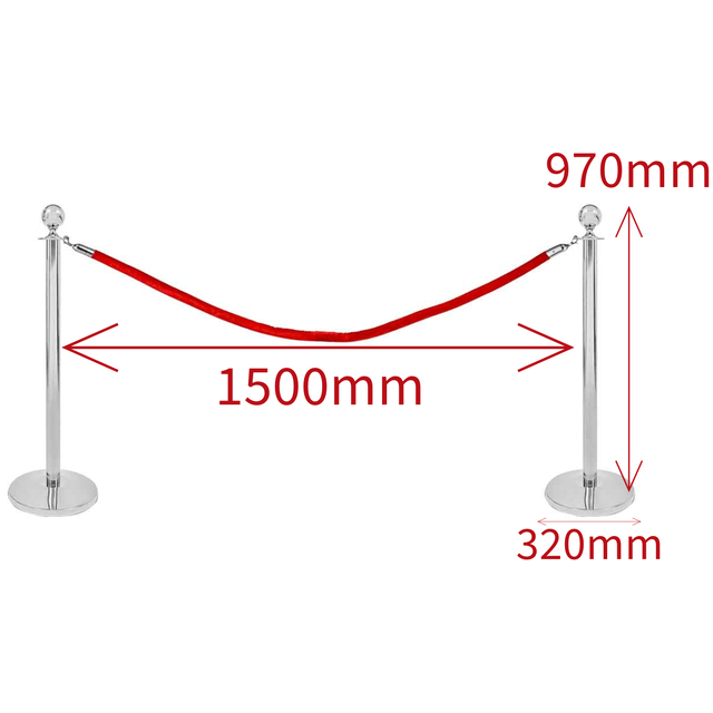 Set stalp de limitare tip ROYAL, culoare cromata, compus din 2 stalpi delimitare si franghie de culoare rosie 1.5 m 