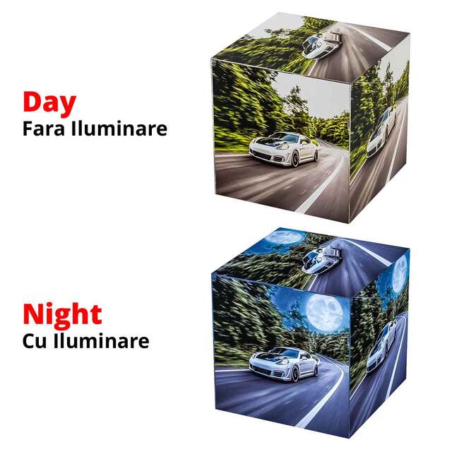 Cub din plexiglas alb 3mm, cu personalizare Day & Night inclusa, iluminare LED , JJ DISPLAYS