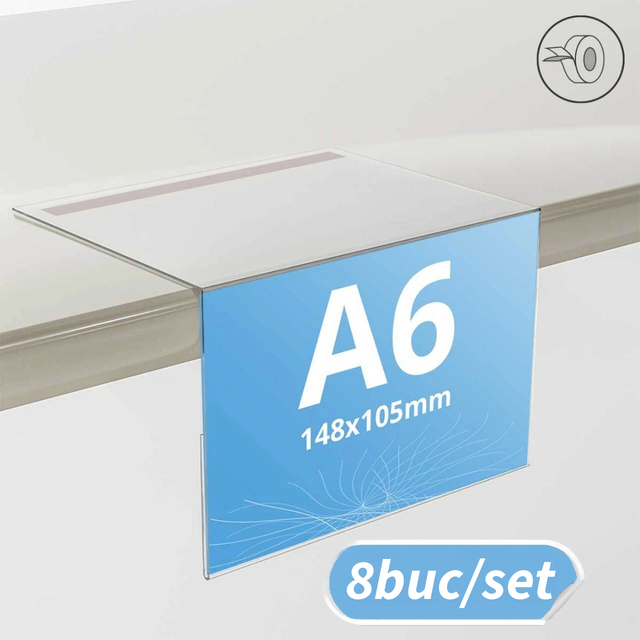  Suport etichete preț din plexiglas, cu bandă dubluadezivă, 90grade, format A6 (105x148mm), 8buc/set. JJ DISPLAYS