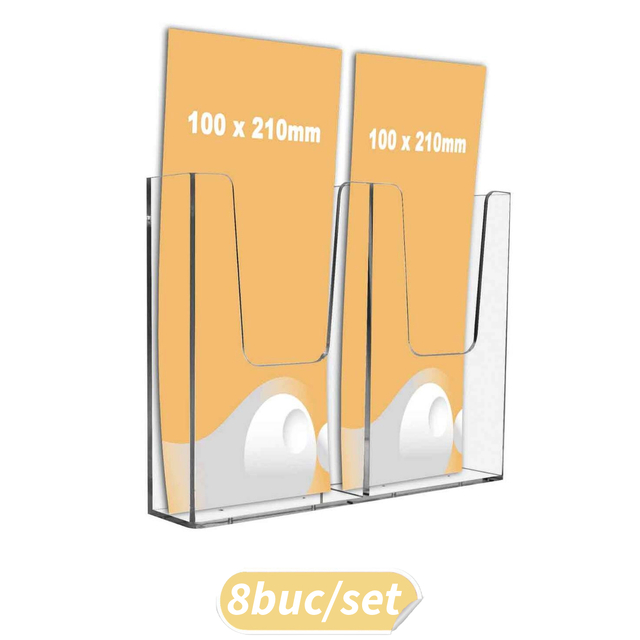 Suport pentru pliante expunere perete, doua buzunare 100 x 210 mm, 8buc/set