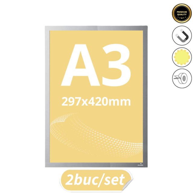 Insert magnetic Duraframe Sun, cu dublu adeziv pentru suprafete netede, gri, format A3(297 x 420 mm), 2buc/set