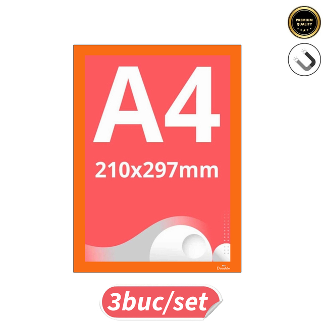 Insert magnetic Duraframe, pentru suprafete metalice, portocaliu, format A4(210x297mm), 3buc/set