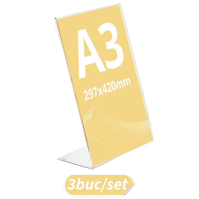 Suport meniu din plexiglas, tip L, format A3 (297x420mm), Portrait, 3buc/set, JJDISPLAYS