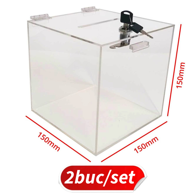 Urnă transparentă din plexiglas, cutie pentru donații, 150 mm, 2buc/set, JJ DISPLAYS