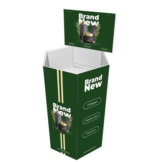 Stand BIN hexagonal cu header simpla fata din Carton, L=260 mm, H=800 mm, personalizata 