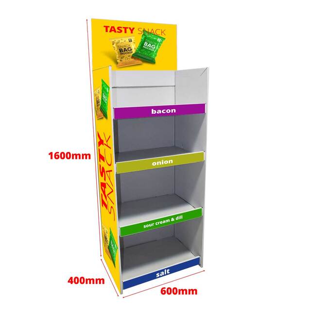 Stand de podea pentru expunere produse, din Carton, 600x400x1600 mm, cu 4 polițe, personalizata 