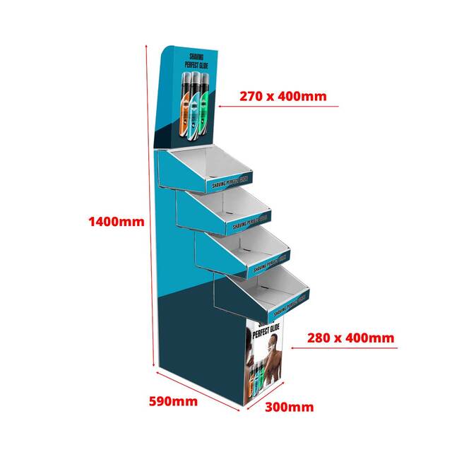 Stand de podea pentru expunere produse cu tavite in trepte, din Carton, 300x590x1400 mm, cu 4 polițe, personalizata 