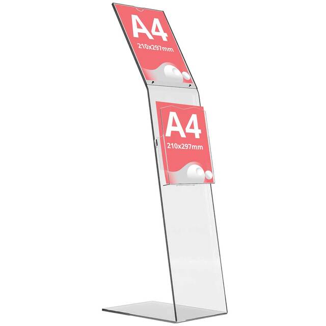 Suport afisaj plexiglas de podea cu buzunar pentru pliante A4 (210x297mm), JJ DISPLAYS