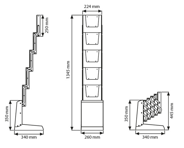 Stand/Suport zig zag pliabil pentru expunere brosuri, pliante, reviste, cu 5 buzunare format A4 (210x297mm)