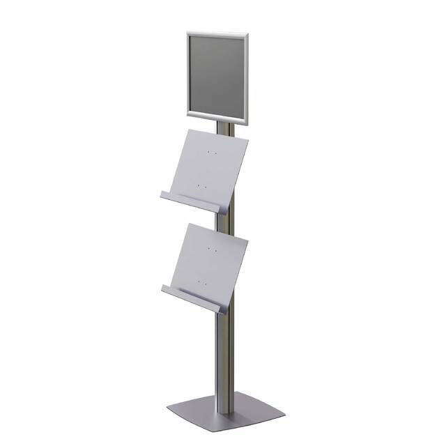 Stand SL cu rafturi pentru pliante, brosuri și cu rama click A3 -297x420mm, simplă față, cu 2 rafturi, JJ DISPLAYS