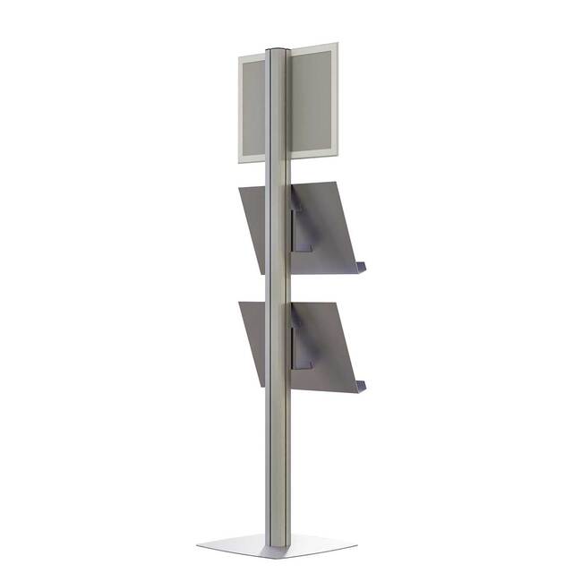 Stand SL cu rafturi pentru pliante, brosuri și cu rama click A3 -297x420mm, simplă față, cu 2 rafturi, JJ DISPLAYS