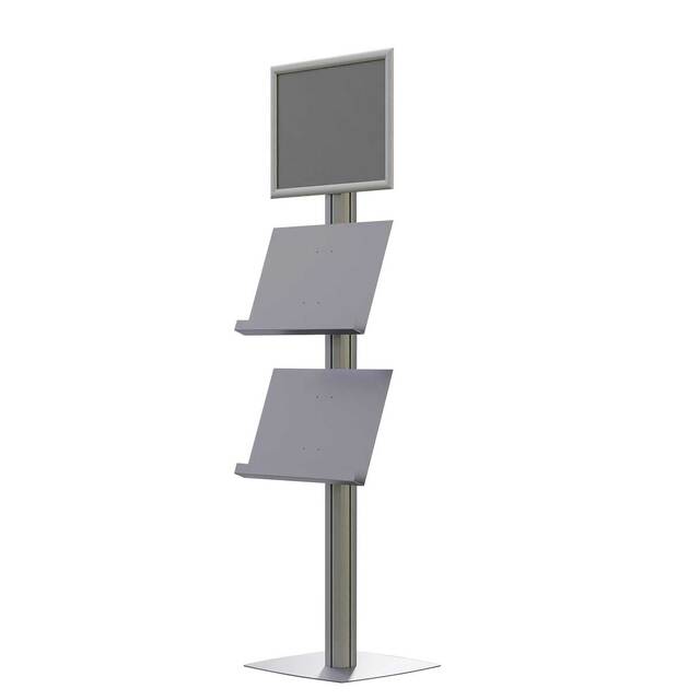 Stand SL cu rafturi pentru pliante, brosuri și cu rama click A3 -297x420mm, simplă față, cu 2 rafturi, JJ DISPLAYS