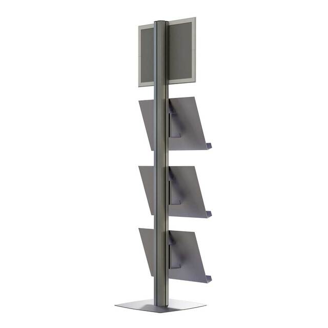 Stand SL cu rafturi pentru pliante, brosuri si cu rama click A3 - 297x420mm, simplă față, cu 3 rafturi, JJ DISPLAYS