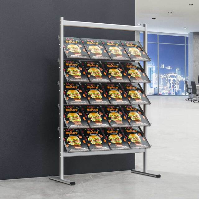 Stand pentru reviste, brosuri sau ziare cu cinci rafturi 4 x A4, din plexiglas A4 (210 x 297 mm), cu 5 rafturi, JJ DISPLAYS