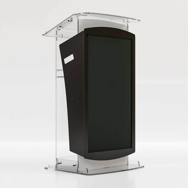 Pupitru Digital Dr. LECTERN, pentru conferințe, din plexiglas transparent, cu televizor, dimensiuni la cerere, JJ DISPLAYS