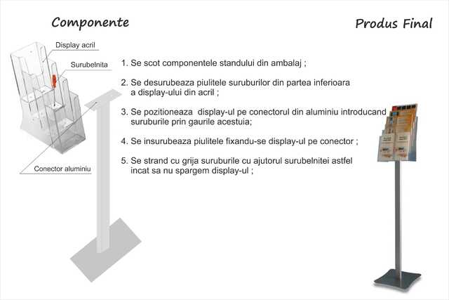 Suport brosuri, pliante, flyer 4xA4 cu picior, JJ DISPLAYS, cu separator pentru 2 x 1/3 A4