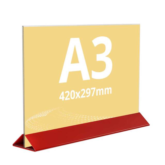 Suport meniu tip T, transparent, cu bază din plexiglas roșu, format A3(297x420mm), Landscape