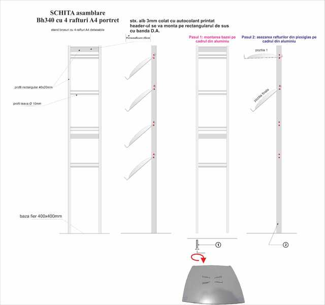 Stand cu rafturi pentru brosuri, pliante sau reviste A4 (210 x 297 mm), JJ DISPLAYS