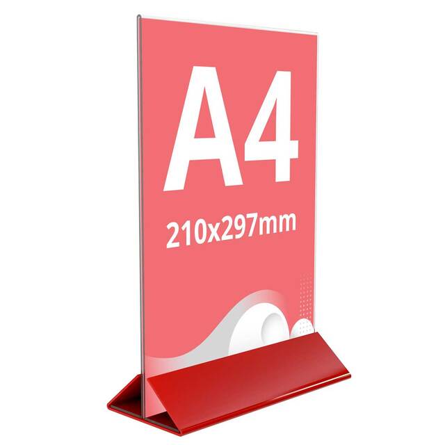 Suport meniu tip T, transparent, cu bază din plexiglas roșu, format A4(210x297mm), Portret