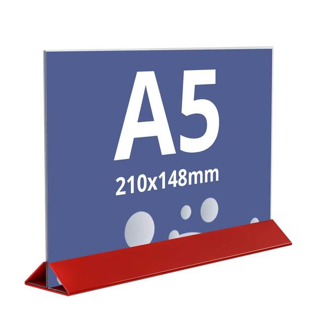 Suport meniu tip T, transparent, cu bază din plexiglas roșu, format A5(148x210mm), Landscape