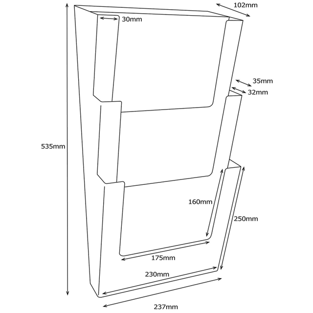 Suport pentru pliante și reclame, prindere pe perete, JJ DISPLAYS 210 x 297 mm cu separator pentru doua buzunare 100 x 210 mm