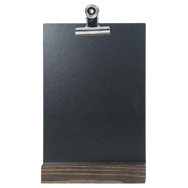 Menu Holder BLACK, suport meniu, cu bază din lemn, panou de scris cu creta sau marker și clemă pentru prindere afiș, JJ DISPLAYS