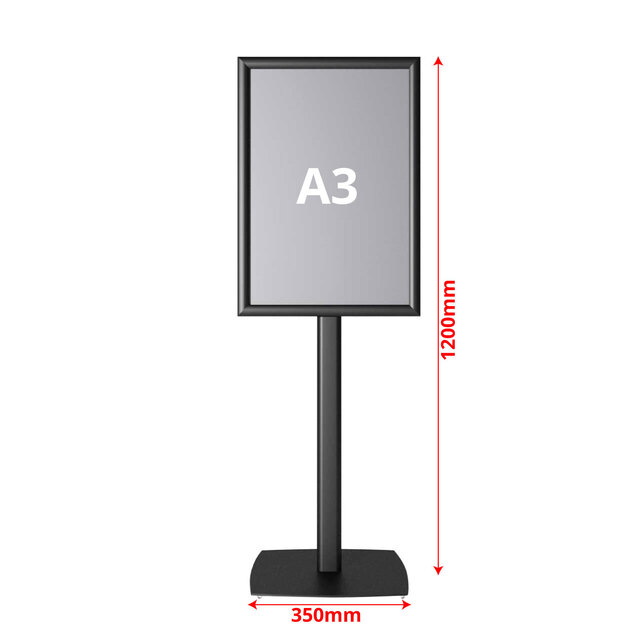 Panou informativ negru, profil oval  si bază metalică, format A3 (297x420mm), dublă față, portrait, JJ DISPLAYS