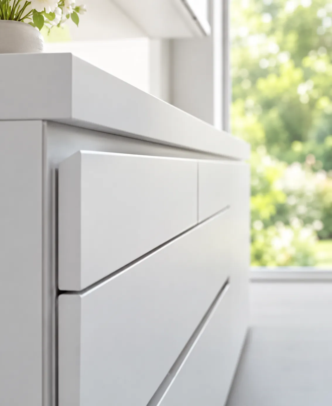 Bevel finger pull cabinet doors with a 45 degree shaped top edge instead of handles