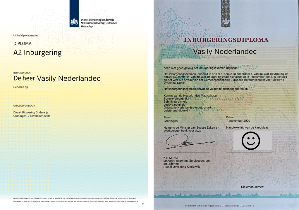 Inburgering certificate - digital and paper-based.