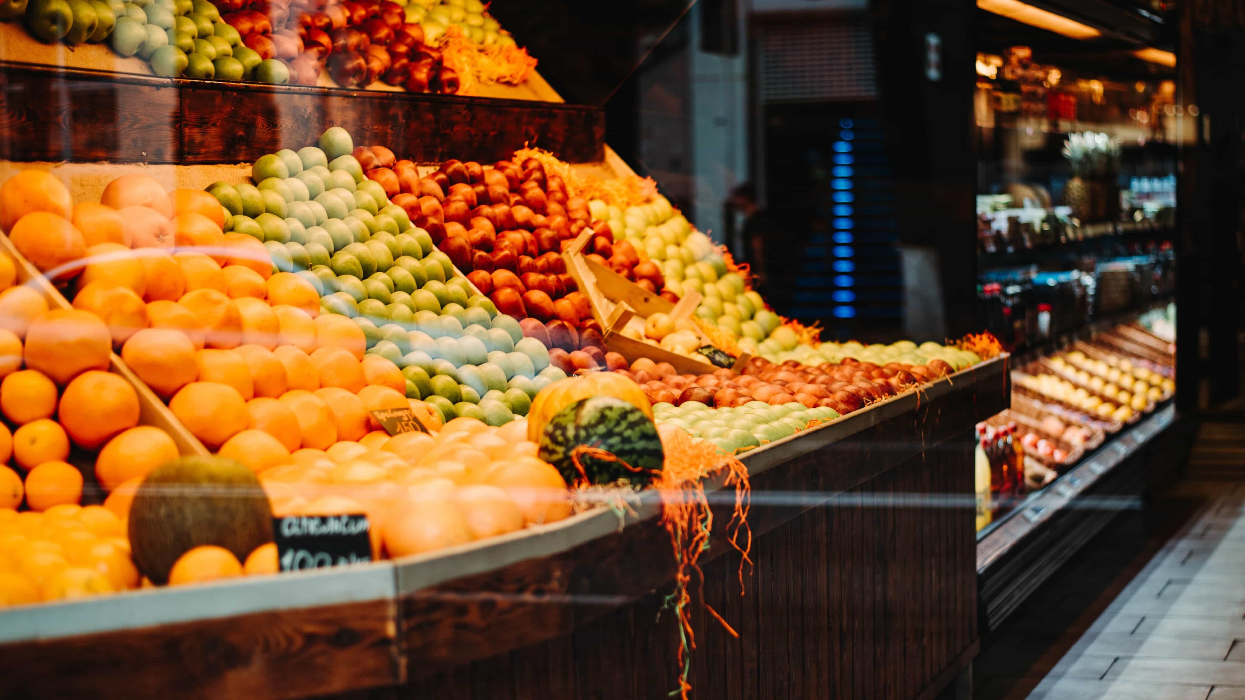 Fruit on a supermarket shelf.