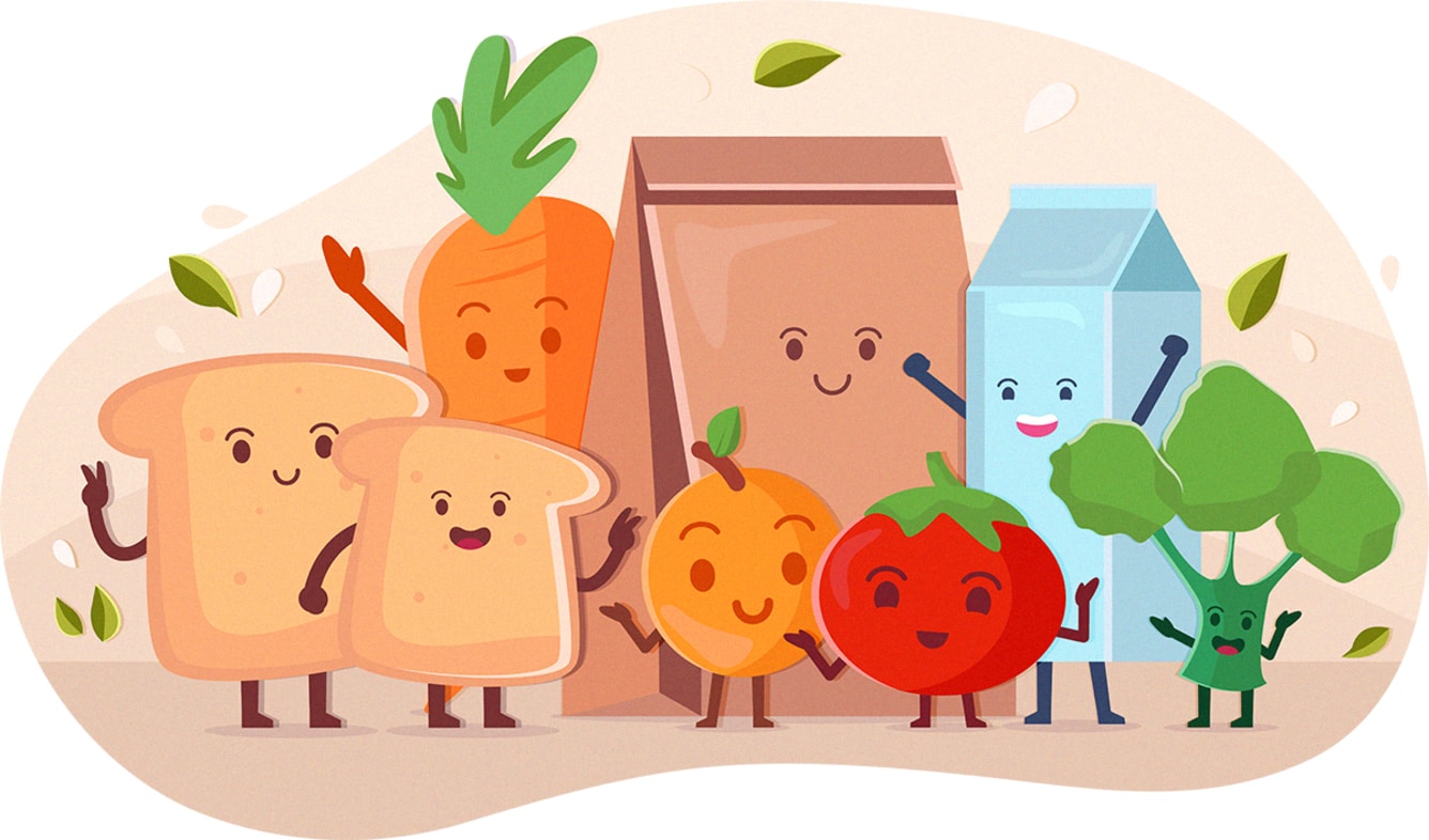 Dairy, bread, fruit and vegetables illustration.