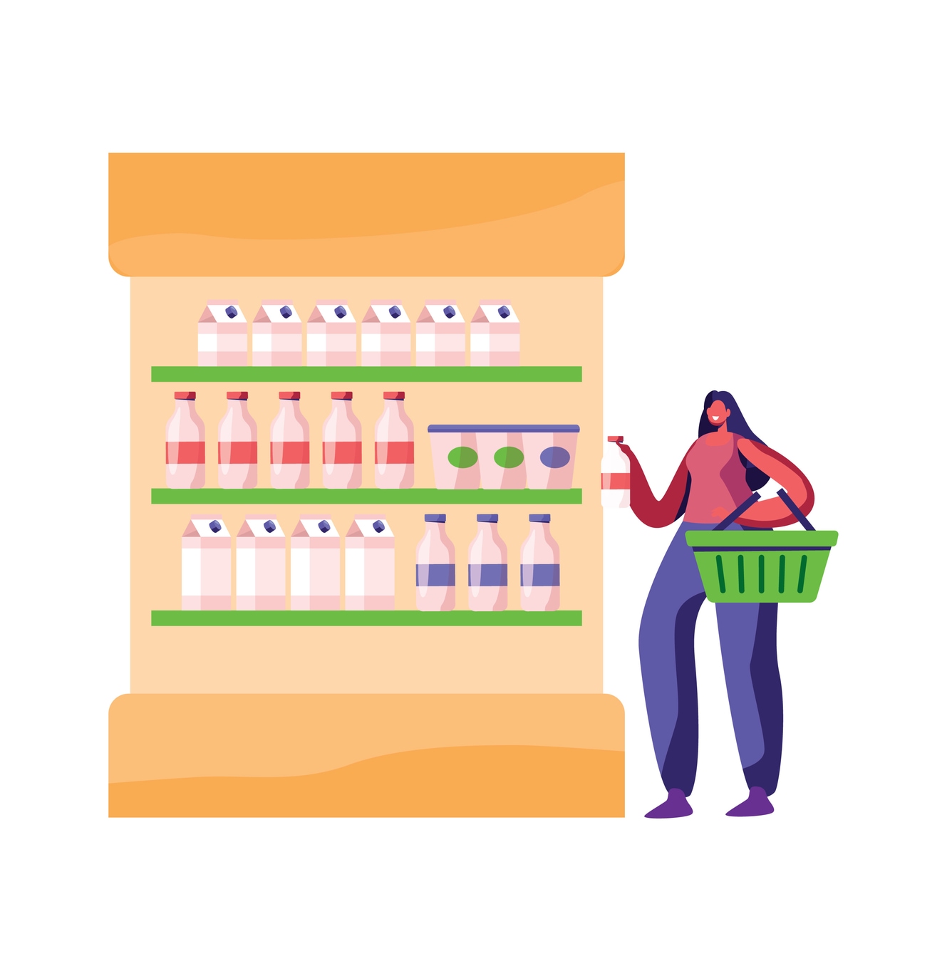 Illustration of woman picking dairy in a supermarket shelf.