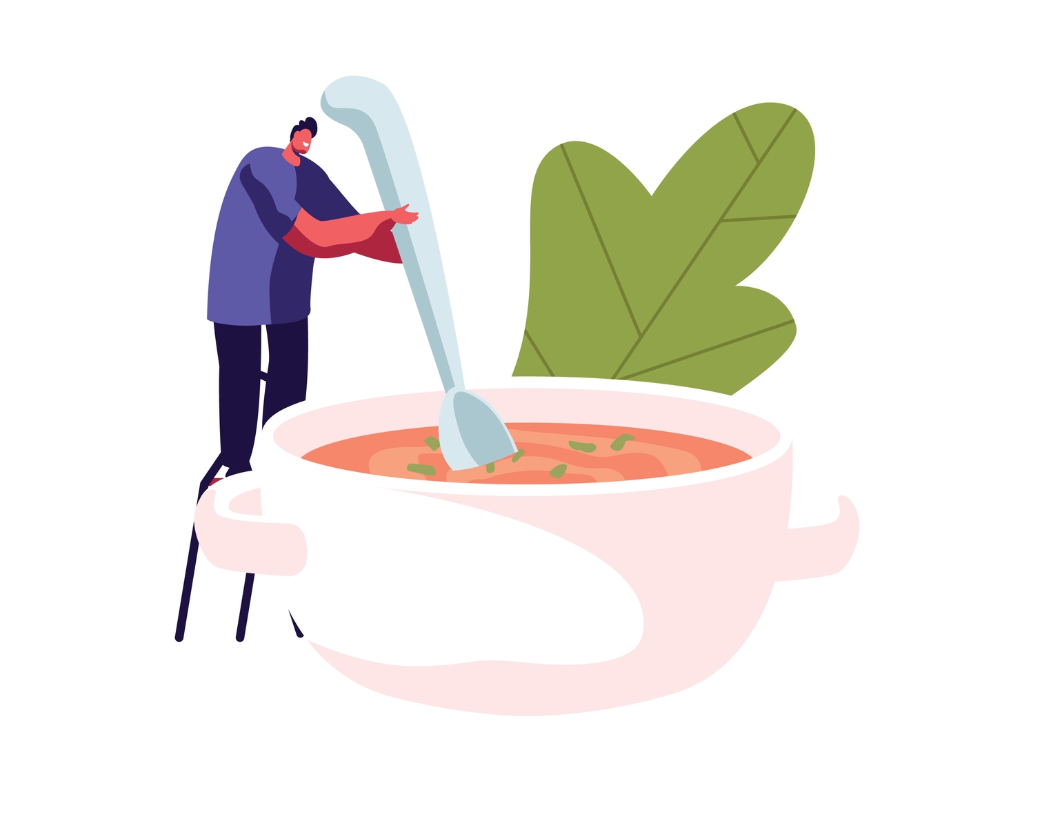 Ilustração de homem mexendo sopa em tigela.