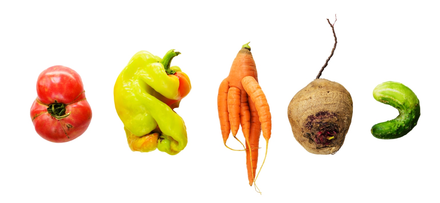 Ugly vegetables, with irregular shapes: tomato, pepper, carrot, beetroot, cucumber.