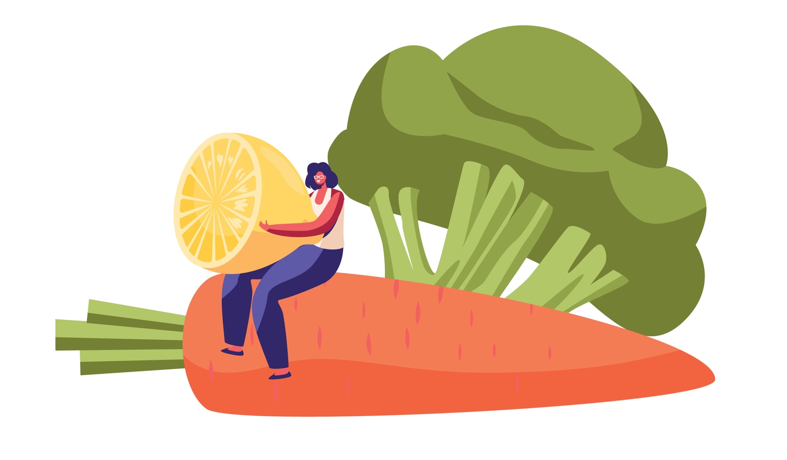 Ilustração de mulher com cenoura, limão e brócolo.