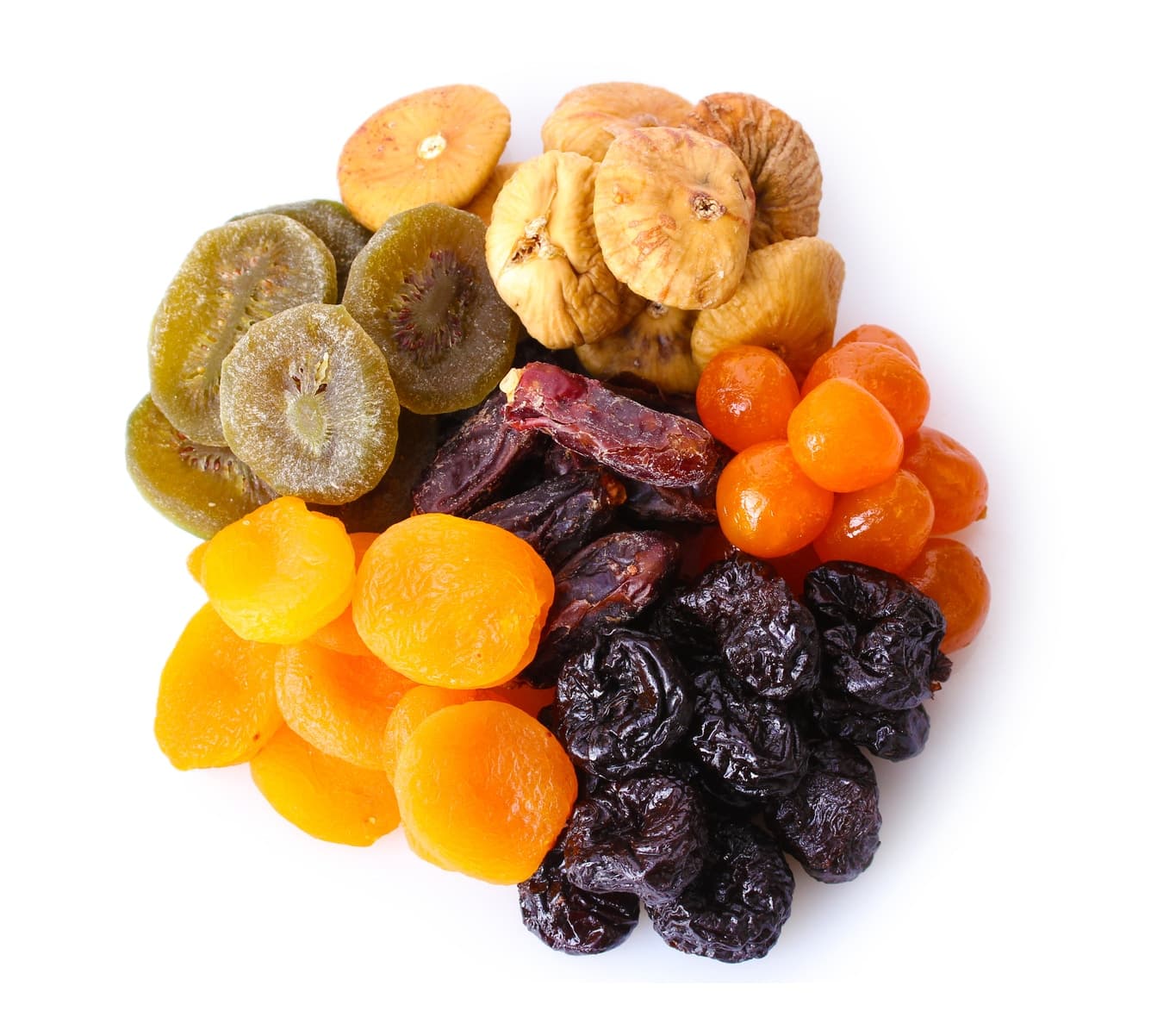 Dried fruits: figs, kiwi, dates, plums, apricots, kumquat.