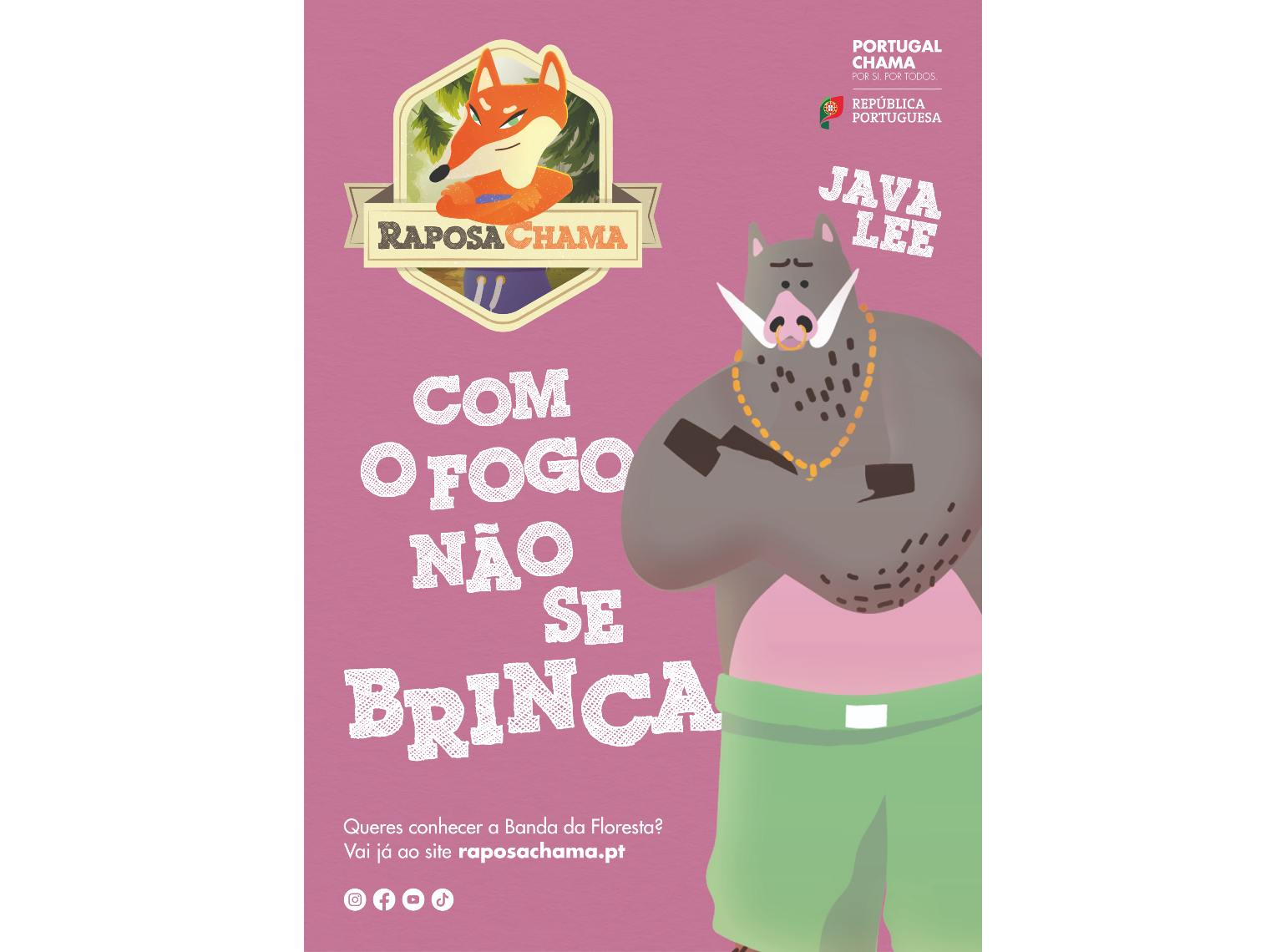 Cartaz Raposa Chama com ilustração de personagem javali Java Lee.