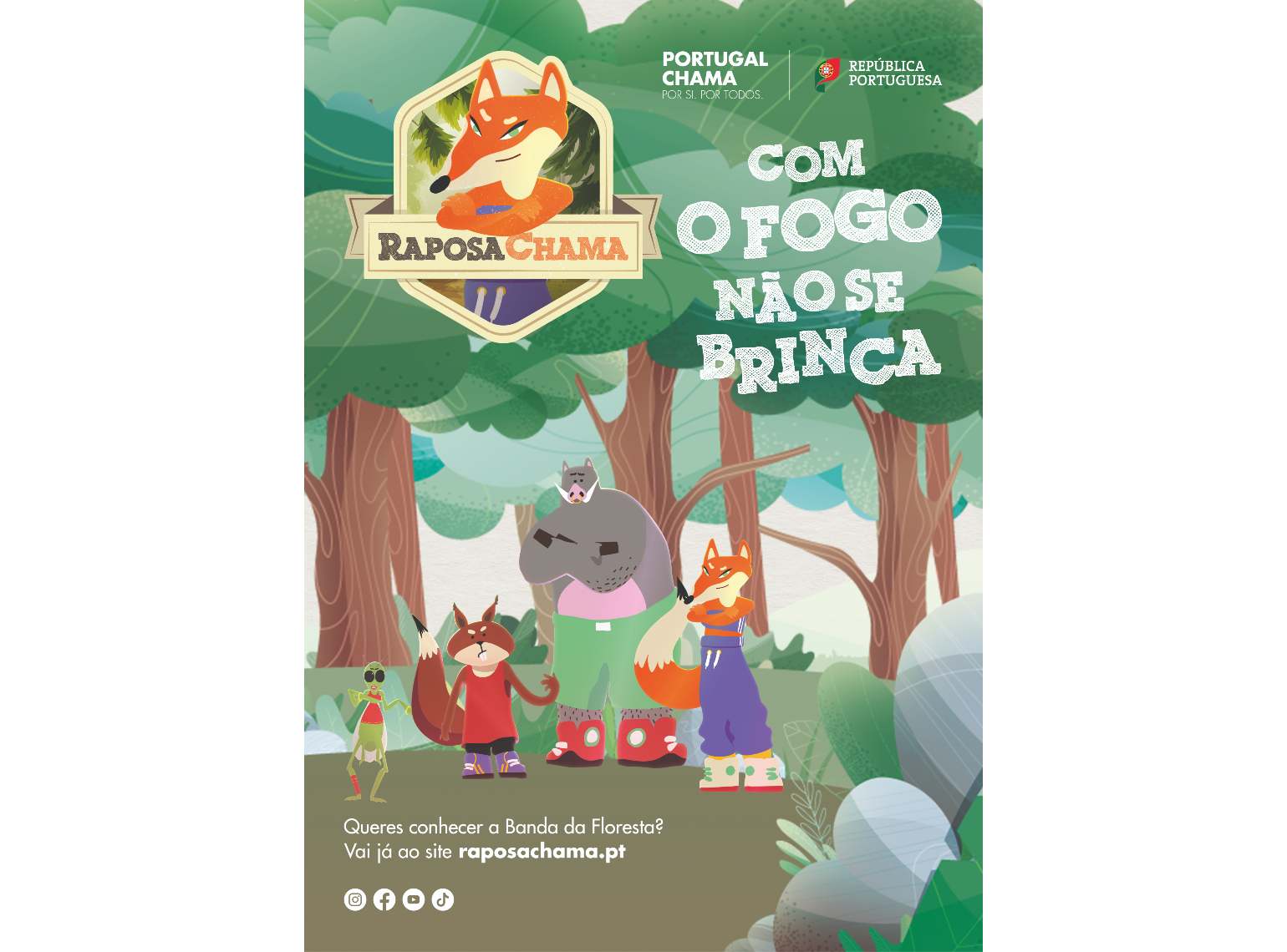 Cartaz Raposa Chama com ilustração de animais na floresta.