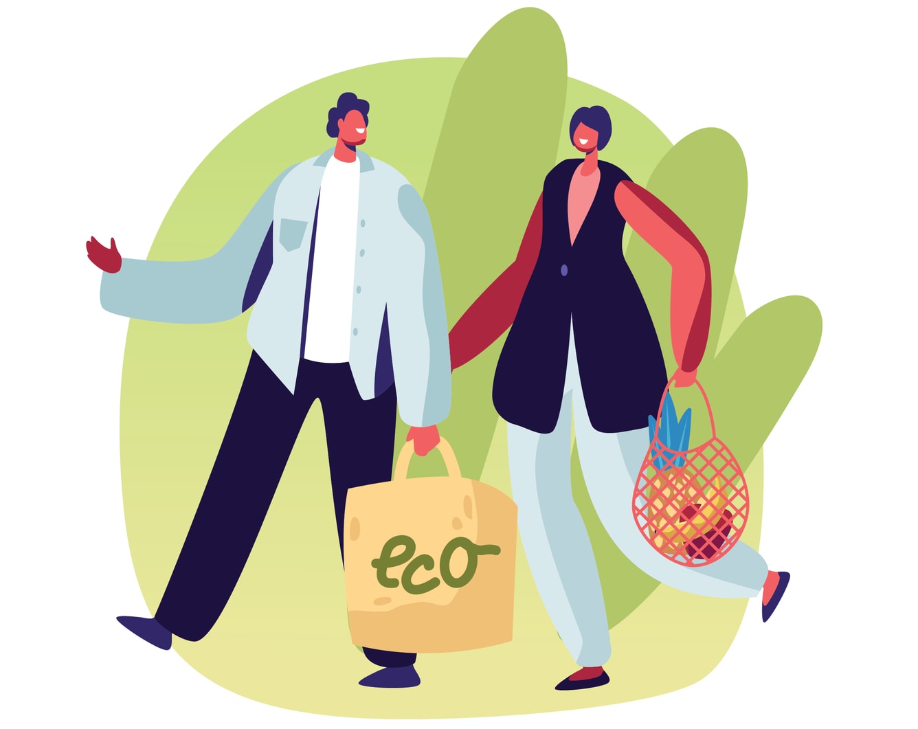 Ilustração de homem e mulher a fazer compras com sacos ECO.