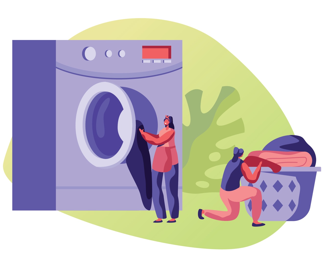 Illustration of man and woman putting clothes in a washing machine.