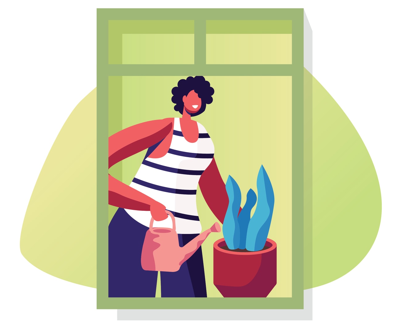 Ilustração de mulher a regar plantas à janela.